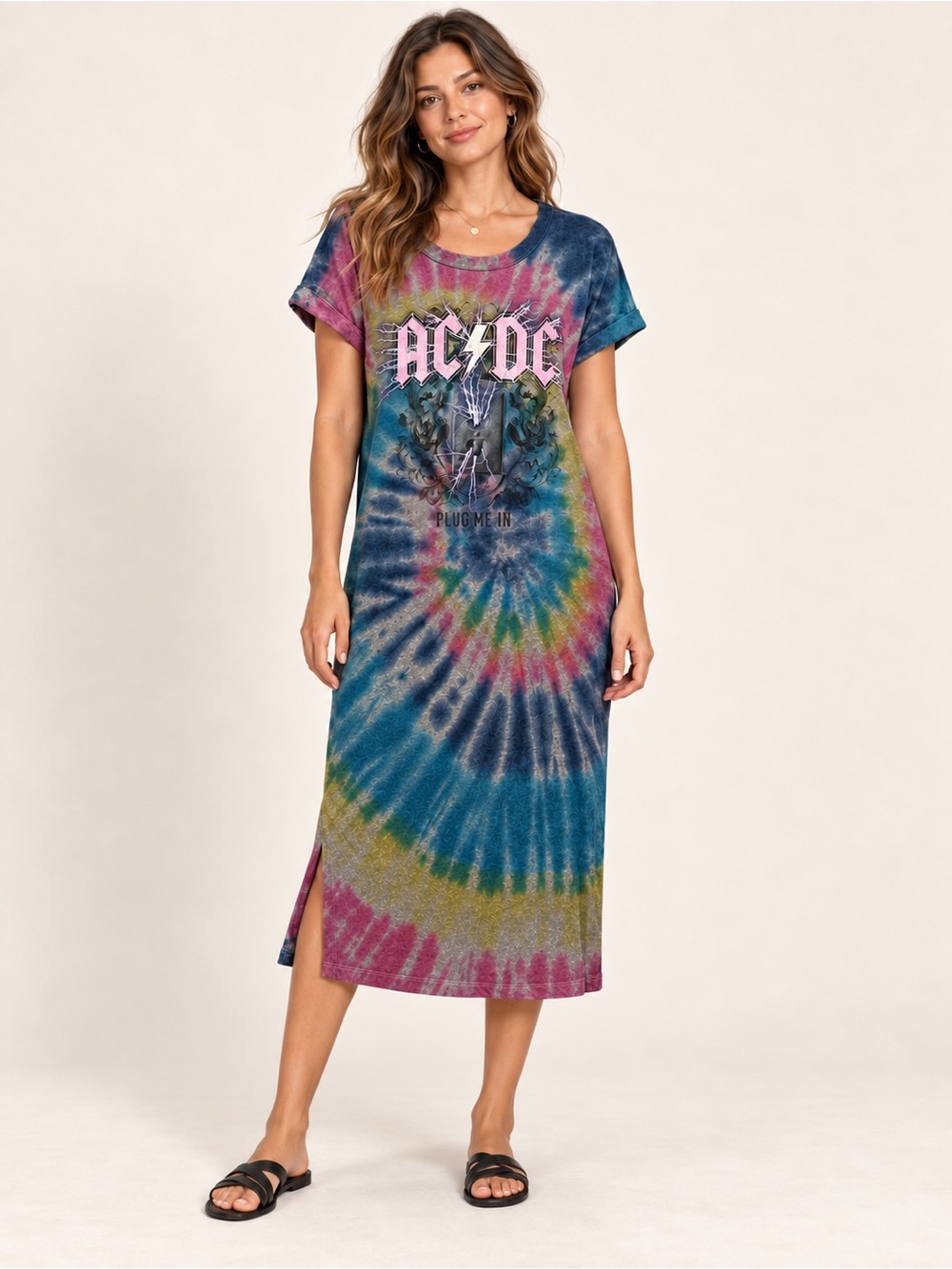 DREAMR AC/DC graphic tie dye dress size large EUC